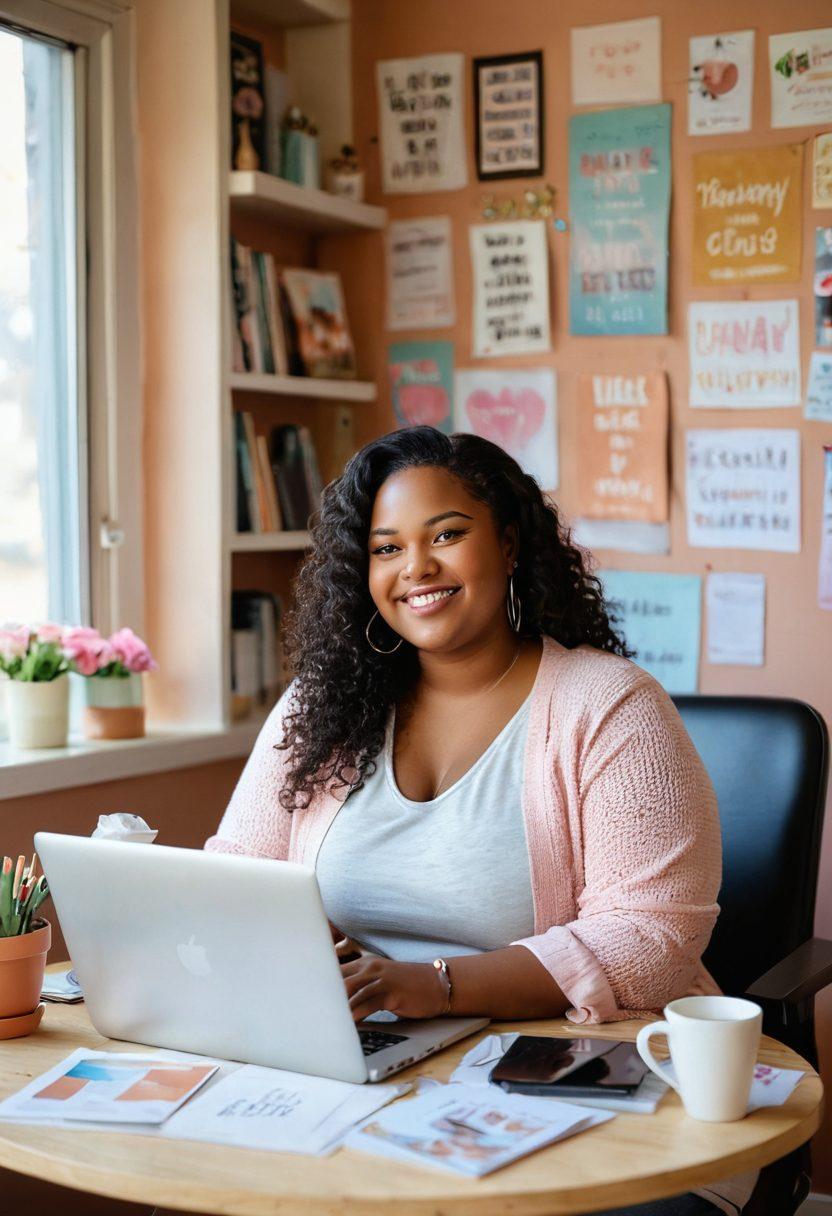 A confident, curvy woman sitting at a laptop in a cozy, inviting room filled with colorful decor, surrounded by motivational quotes about body positivity on the walls. She is smiling, radiating self-love and empowerment, with beauty products and a camera nearby to highlight her blogging journey. A soft, warm light filters through a window, creating a welcoming atmosphere. pastel colors. soft focus. cozy aesthetic.