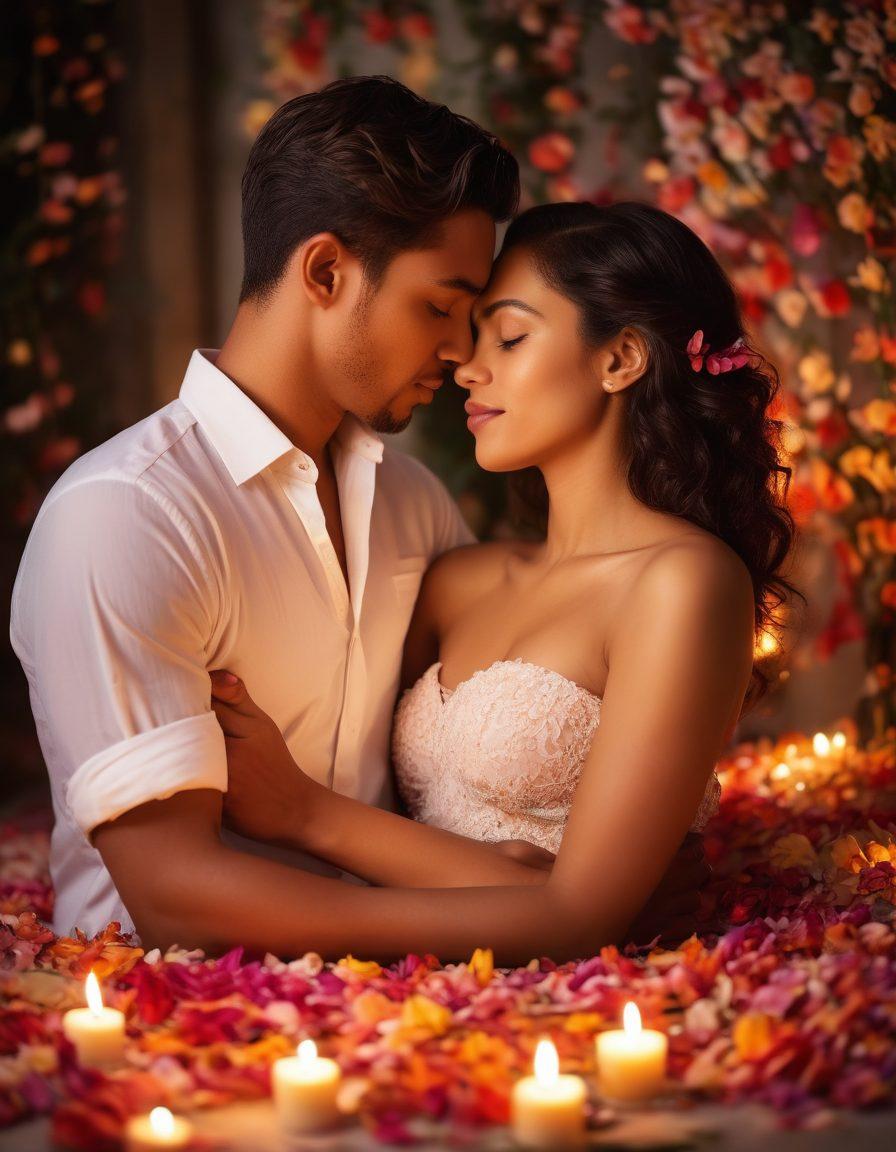 A sensual and intimate scene depicting a diverse couple in an affectionate embrace, surrounded by elements symbolizing love and creativity, such as colorful petals and soft candlelight. The background features subtle hints of nature, evoking warmth and connection. Emphasizing the beauty of interracial relationships and the passion of homegrown adult content. soft focus. vibrant colors. romantic ambiance.